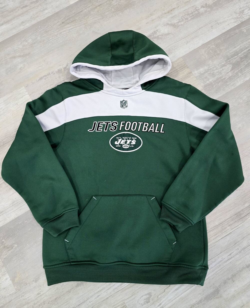 New York Jets NFL Youth Large 12-14 Hoodie Sweatshirt Embroidered Logos EUC